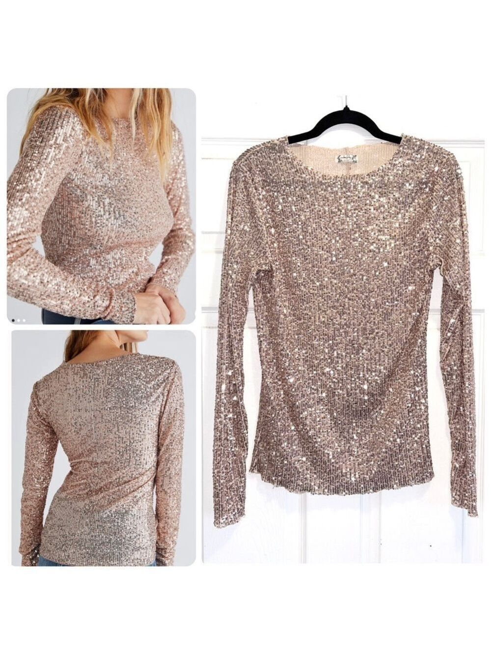 Free People Gold Rush Sequin Top in Rose Gold Combo Size Medium